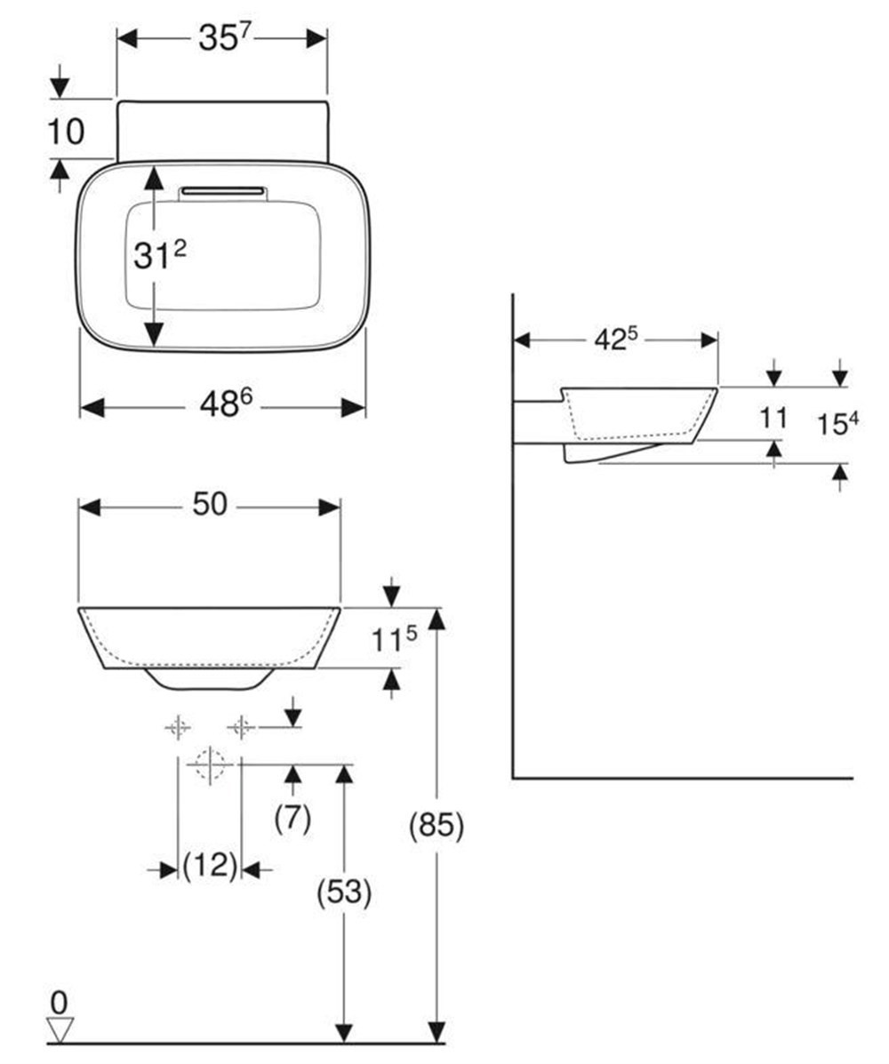 Geberit One Çanak Lavabo, Yatay Çıkışlı, 50X42.5 Cm, Batarya Delikli, Keratect