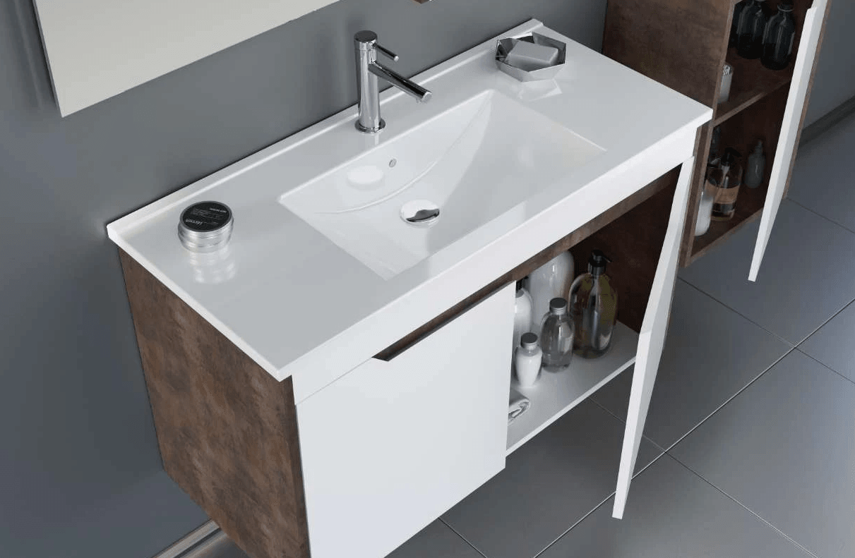 Orka Lago Banyo Dolabı Takımı 75 Cm Kahve Taş-Parlak Beyaz