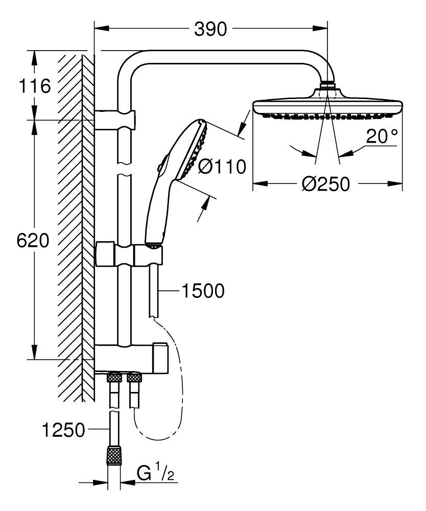 Grohe Tempesta System 250 Duvara Monte Duş Sistemi, Yön Değiştiricili Mat Siyah