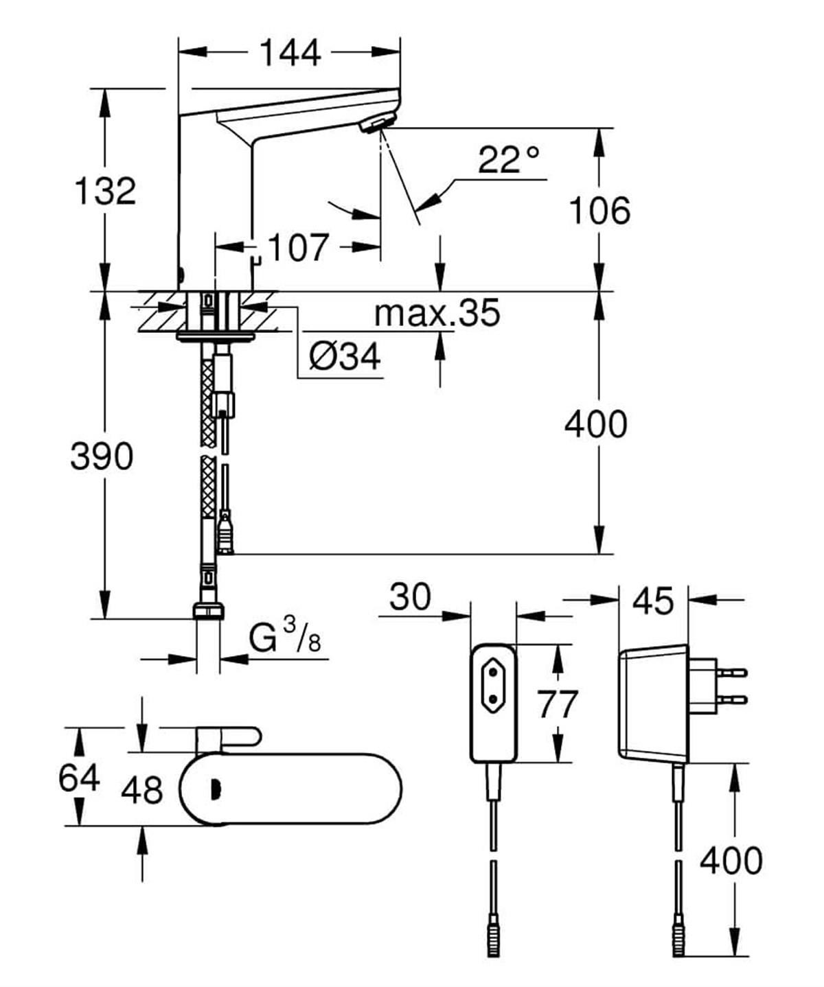 Grohe Eurosmart Cosmopolitan E Fotoselli Lavabo Bataryası, Elektrikli