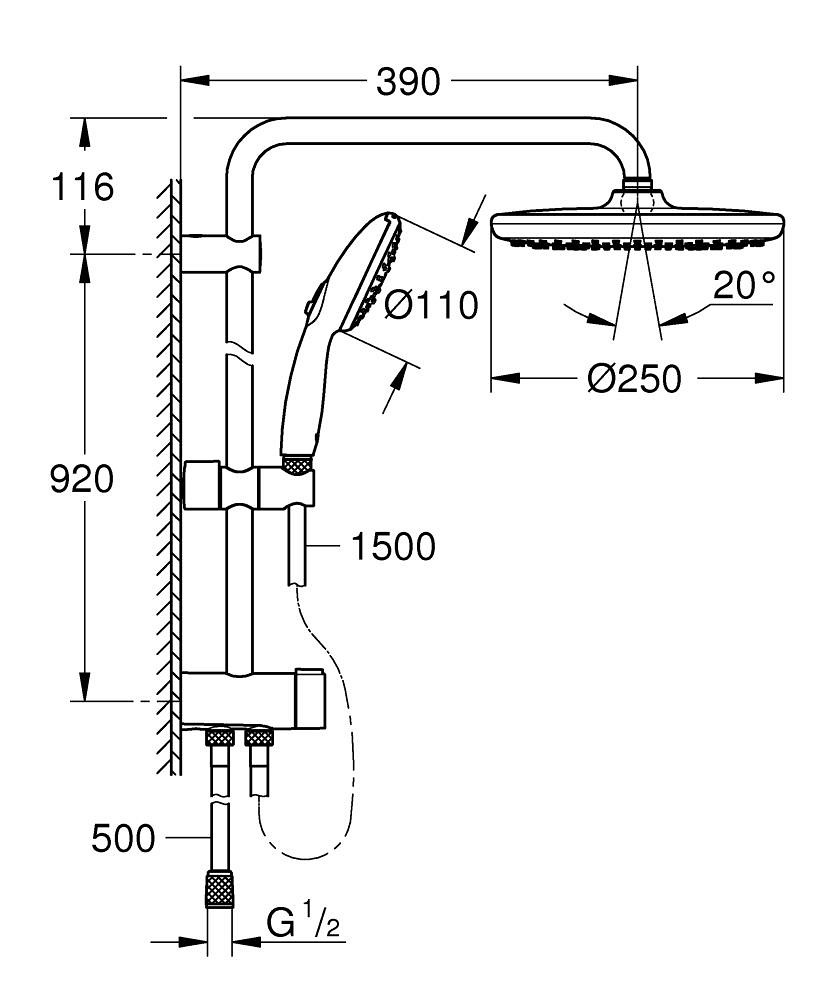 Grohe Tempesta System 250 Duvara Monte Duş Sistemi, Yön Değiştiricili Krom-Beyaz