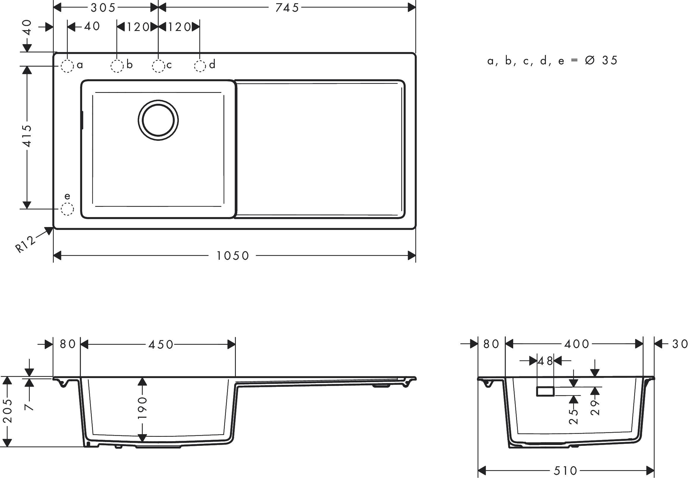 Hansgrohe S5110-F450 Ankastre Eviye 450 Taş Grisi Sağ Damlalıklı