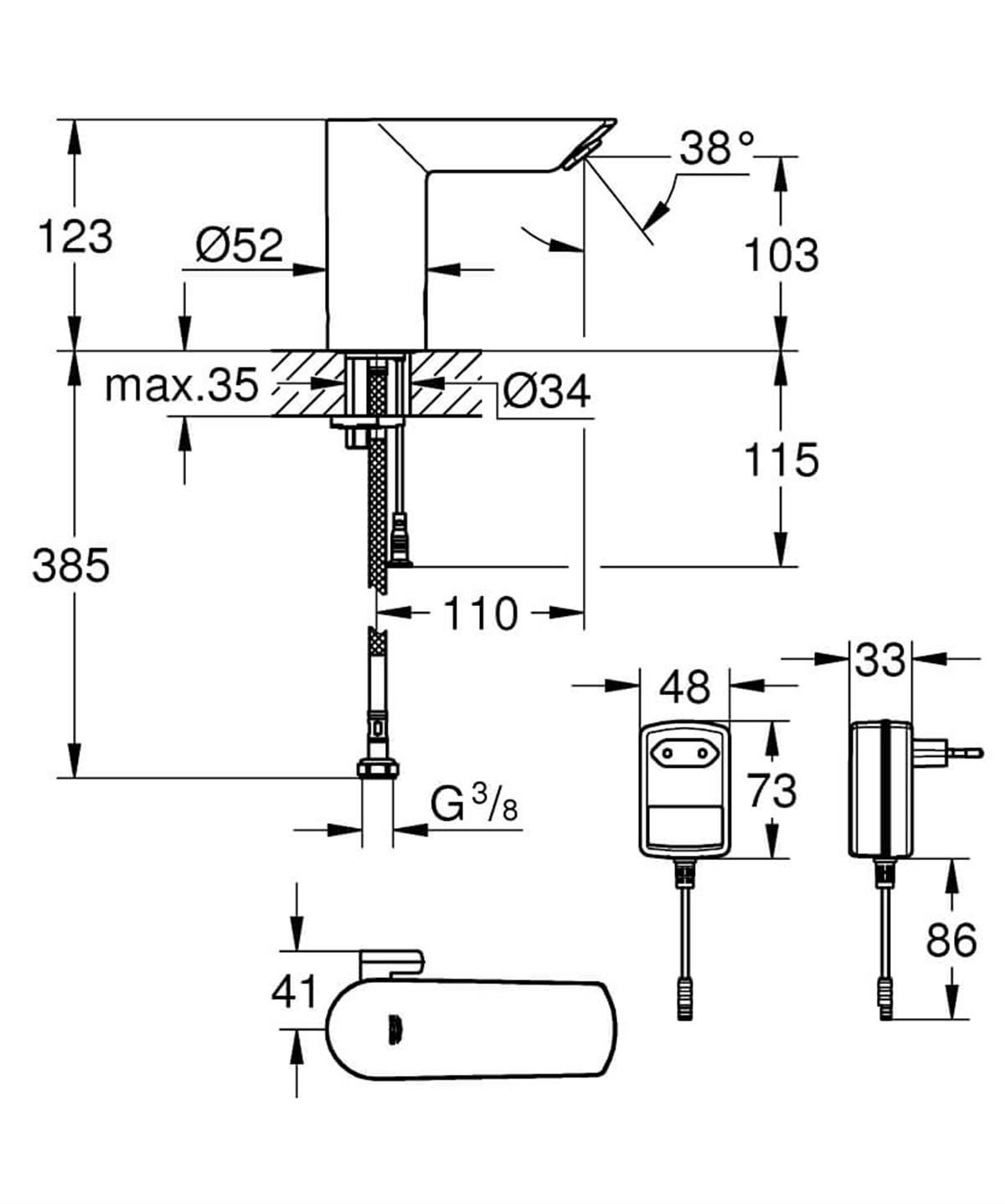 Grohe Bau Cosmopolitan E Fotoselli Lavabo Bataryası, Elektrikli