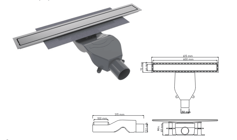 Ph Design Acroline Duş Kanalı 60Cm Siyah