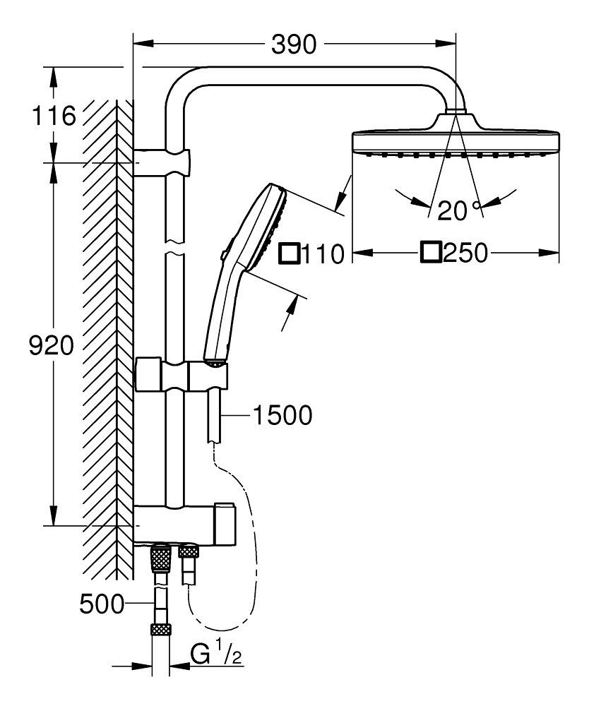Grohe Tempesta System 250 Cube Kare Duş Başlıklı Duvara Monte Duş Sistemi
