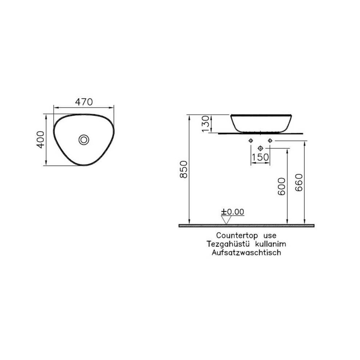 Vitra Plural Üçgen Alçak Çanak Lavabo Mat Vizon 47Cm