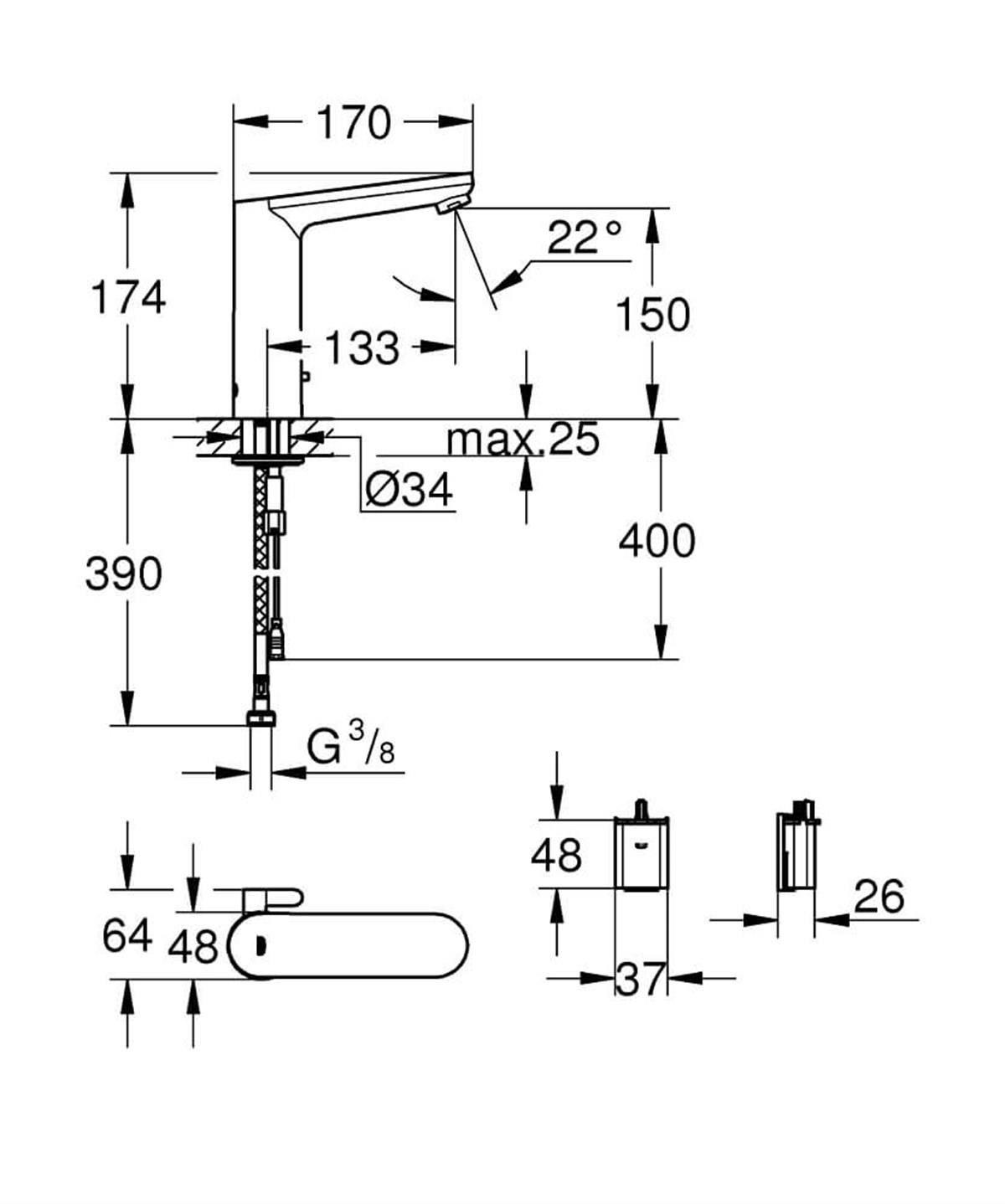 Grohe Eurosmart Cosmopolitan E Fotoselli Lavabo Bataryası L-Boyut, Elektrikli