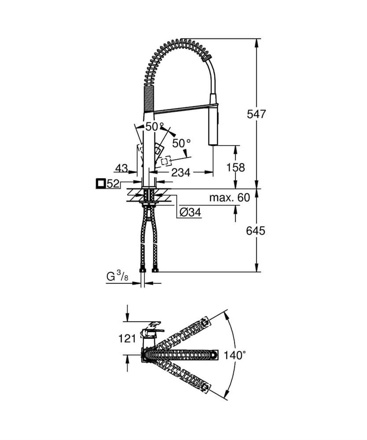 Grohe Eurocube Eviye Bataryası,Spiralli Hortum