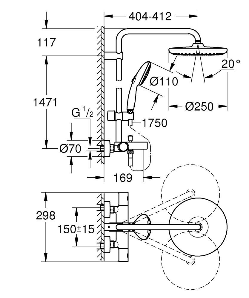 Grohe Tempesta System 250 Duvara Monte Termostatik Banyo Bataryalı Duş Kolonu