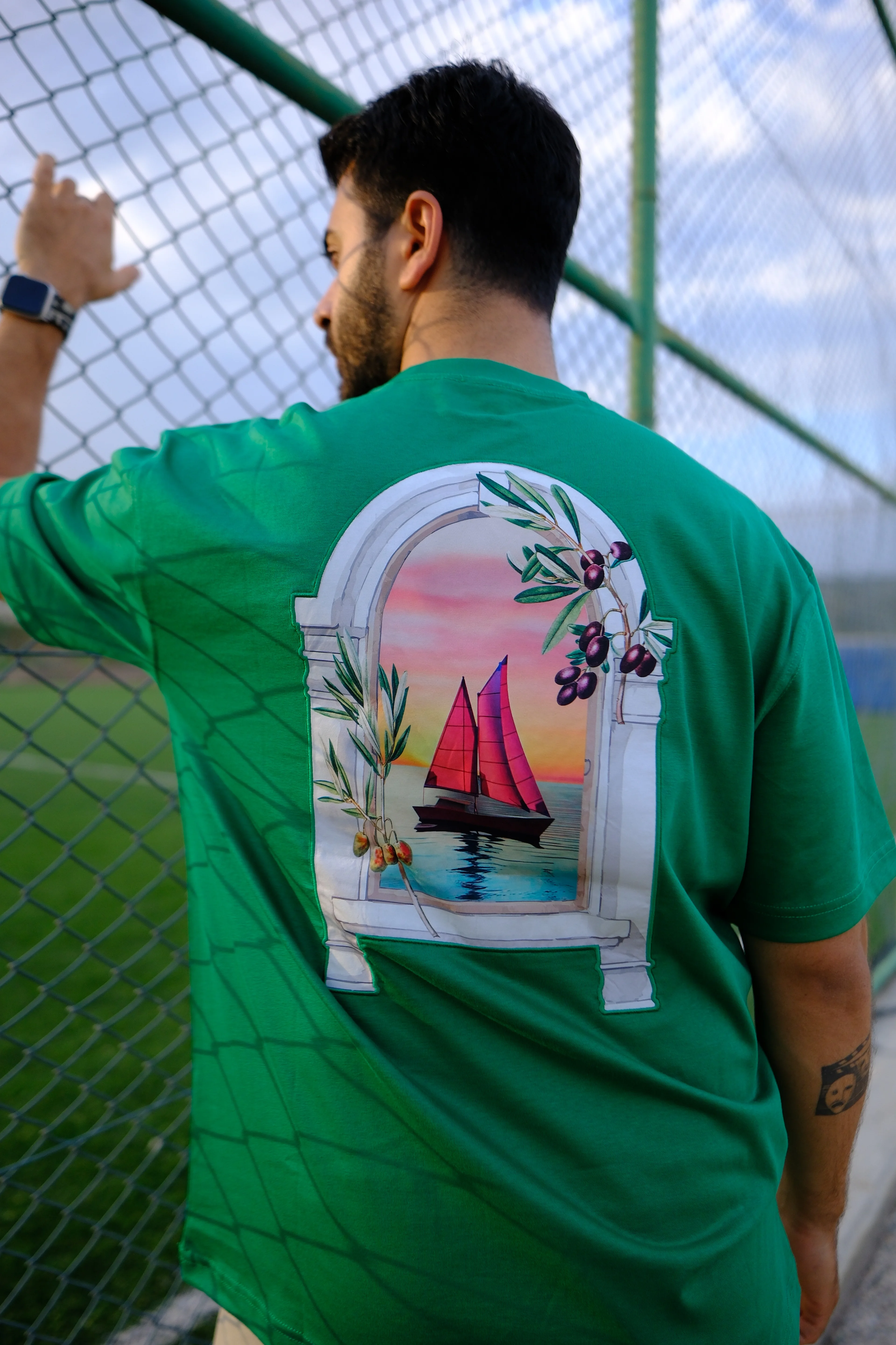 Yeşil Oversize Unisex Ege Penceresi Gögüs ve Sırt Baskılı T-Shirt