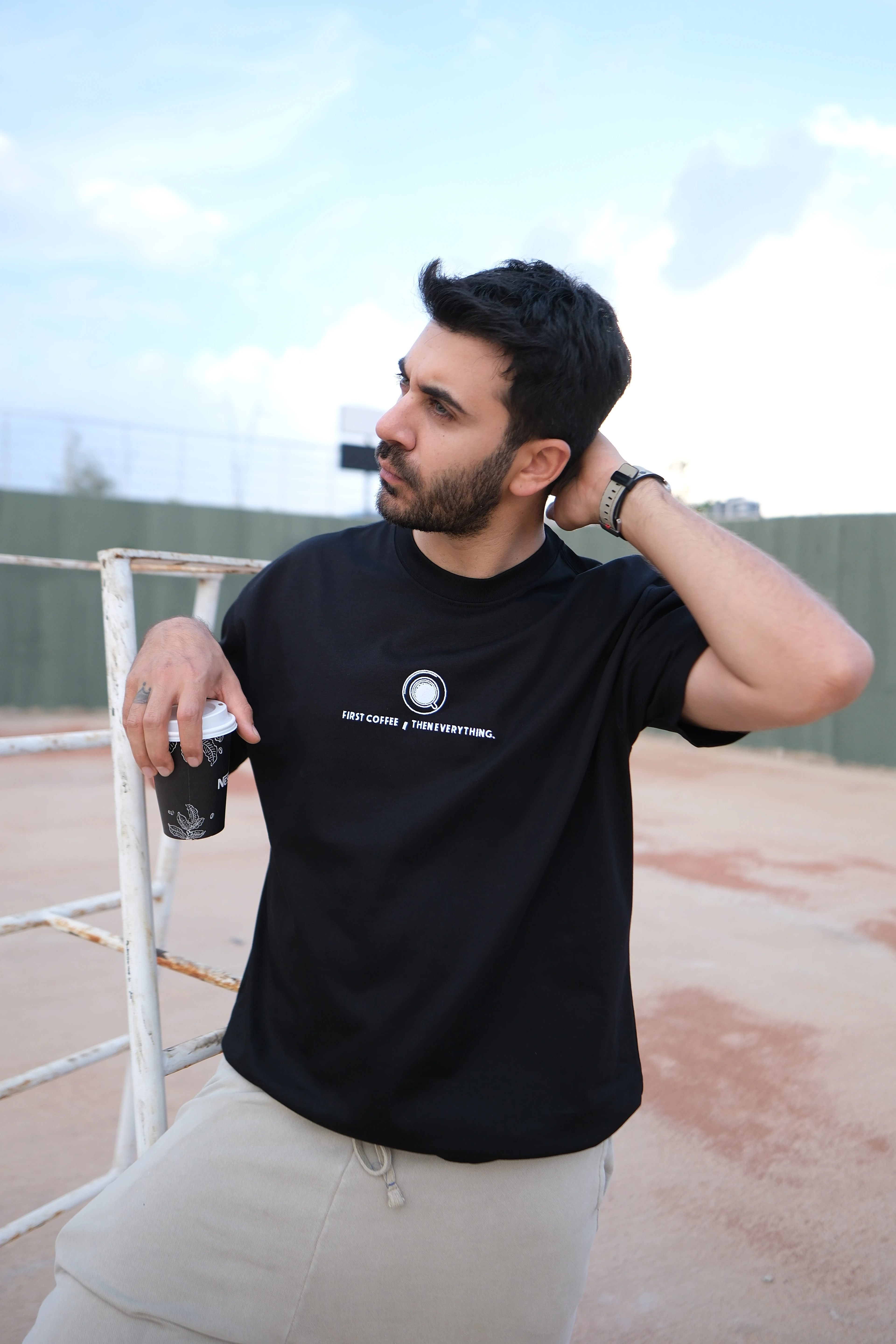 Siyah Oversize Unisex First Coffee Then Everything Nakışlı T-Shirt