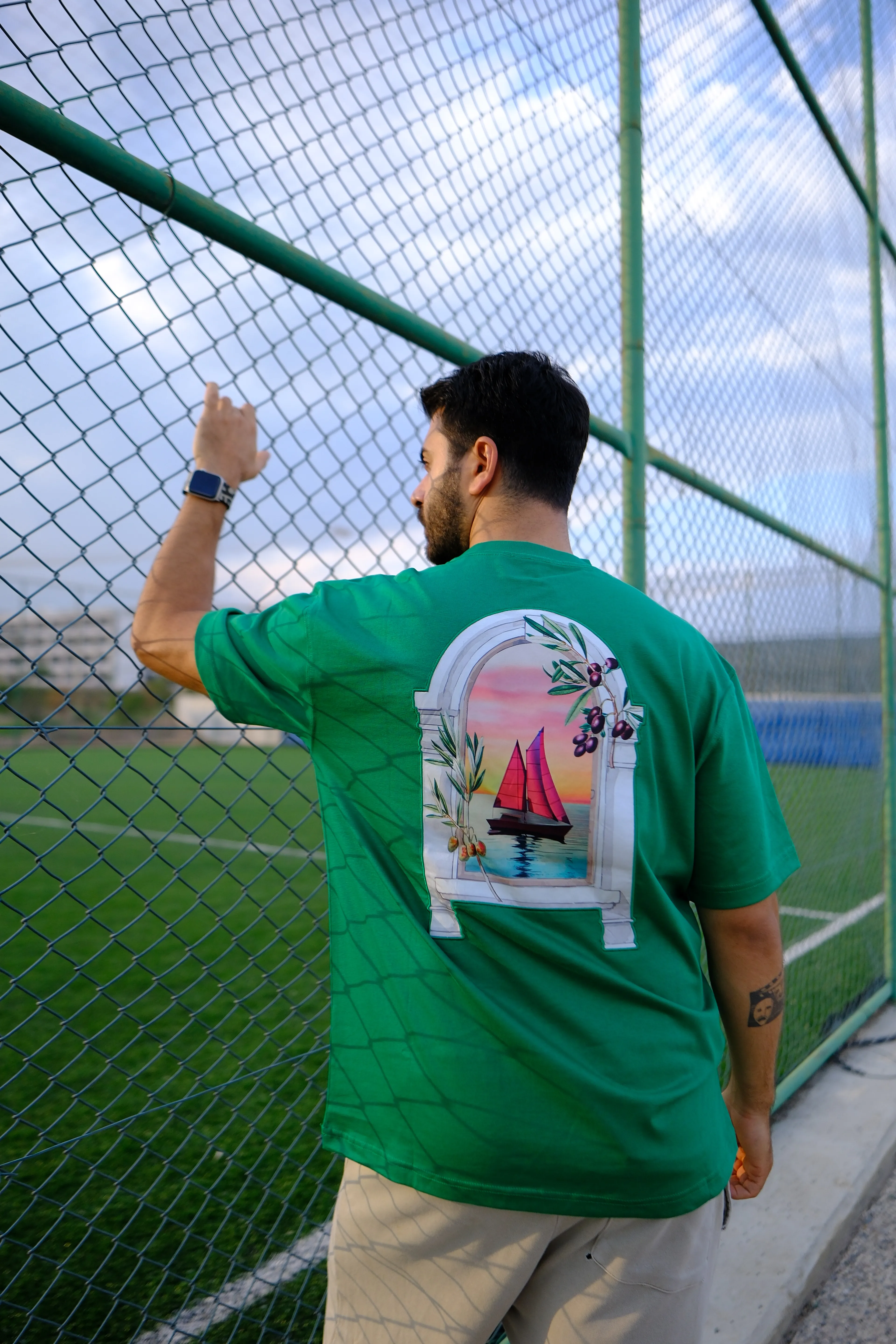 Yeşil Oversize Unisex Ege Penceresi Gögüs ve Sırt Baskılı T-Shirt