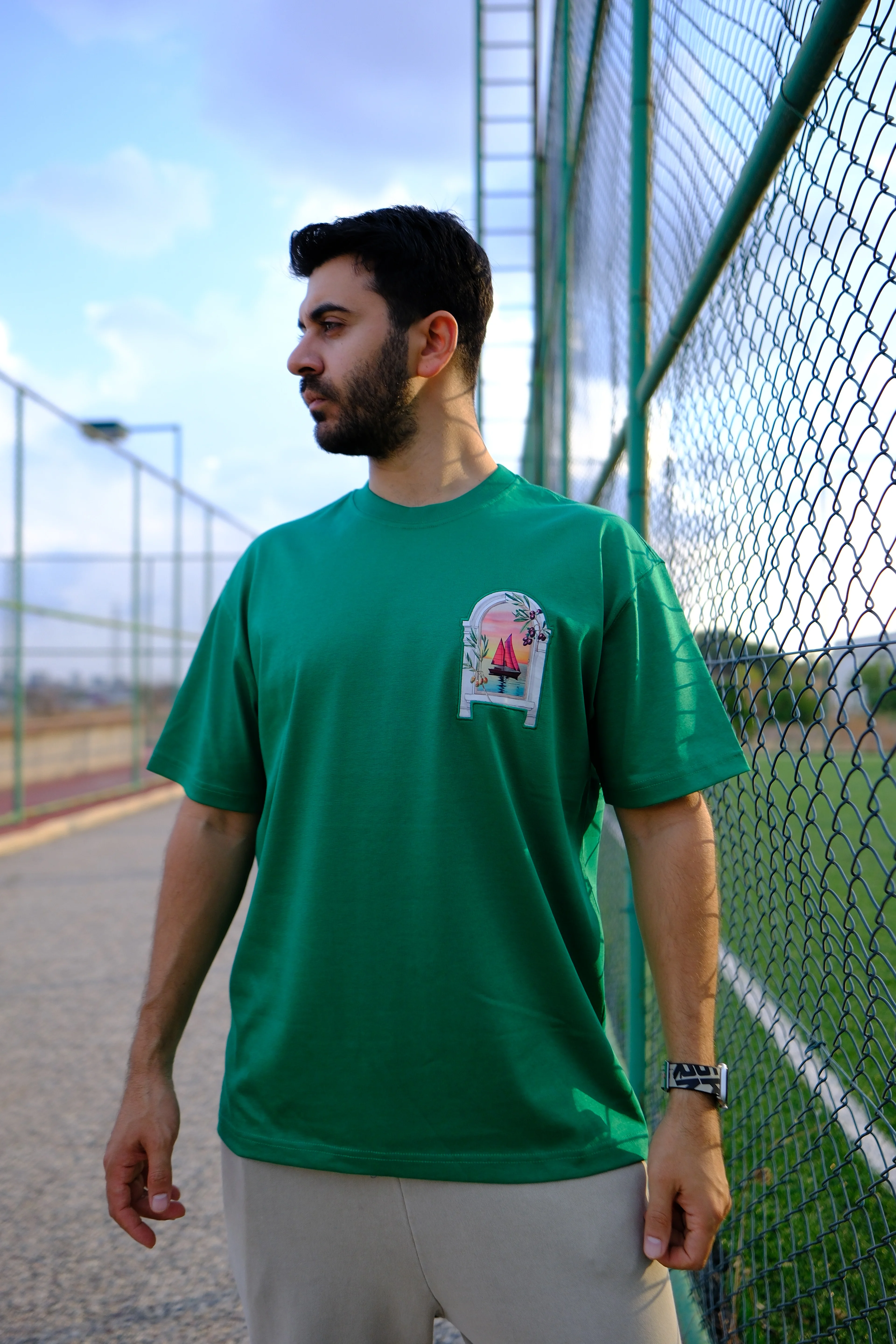 Yeşil Oversize Unisex Ege Penceresi Gögüs ve Sırt Baskılı T-Shirt