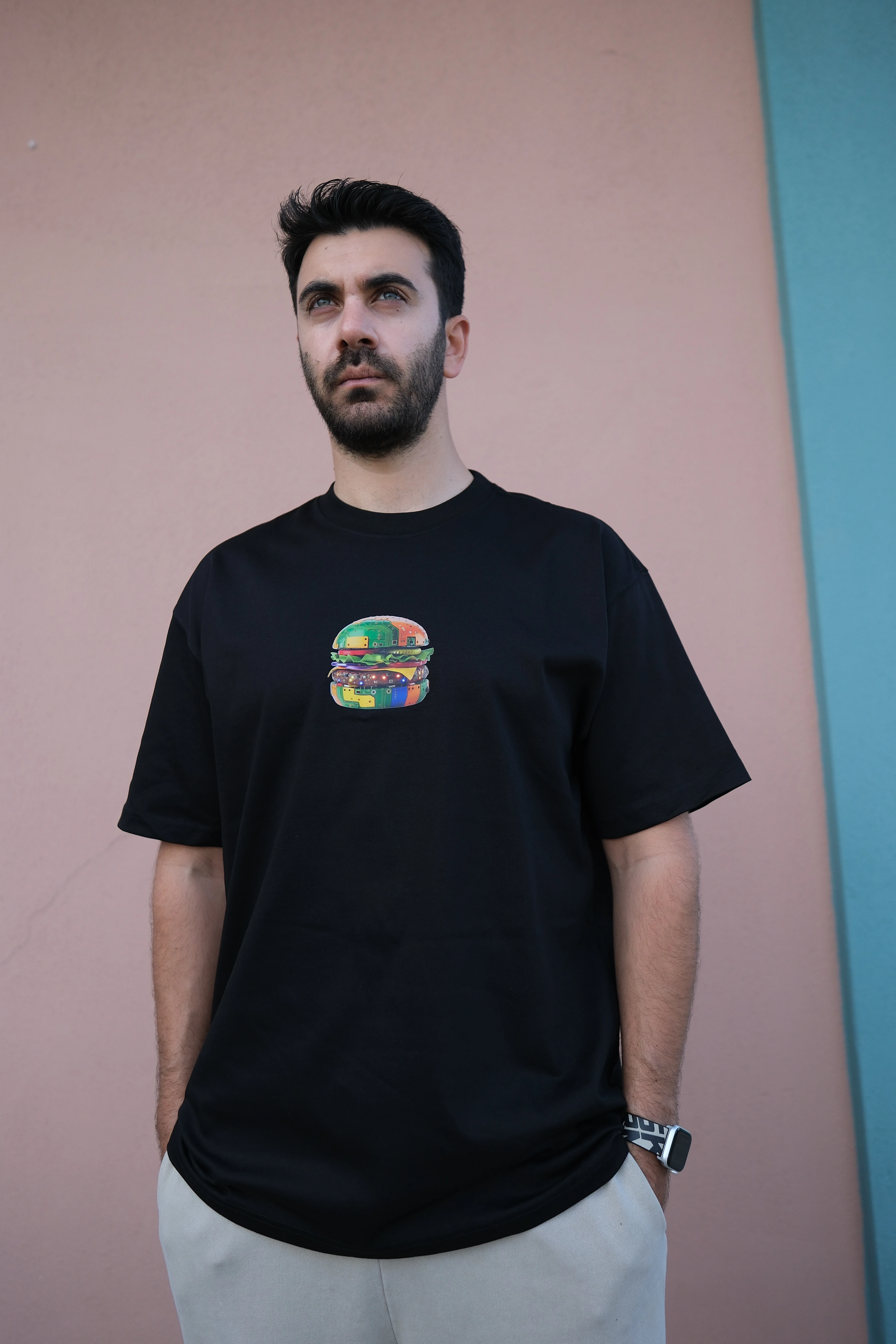 Siyah Oversize Unisex Pop Art Burger Baskılı Tişört