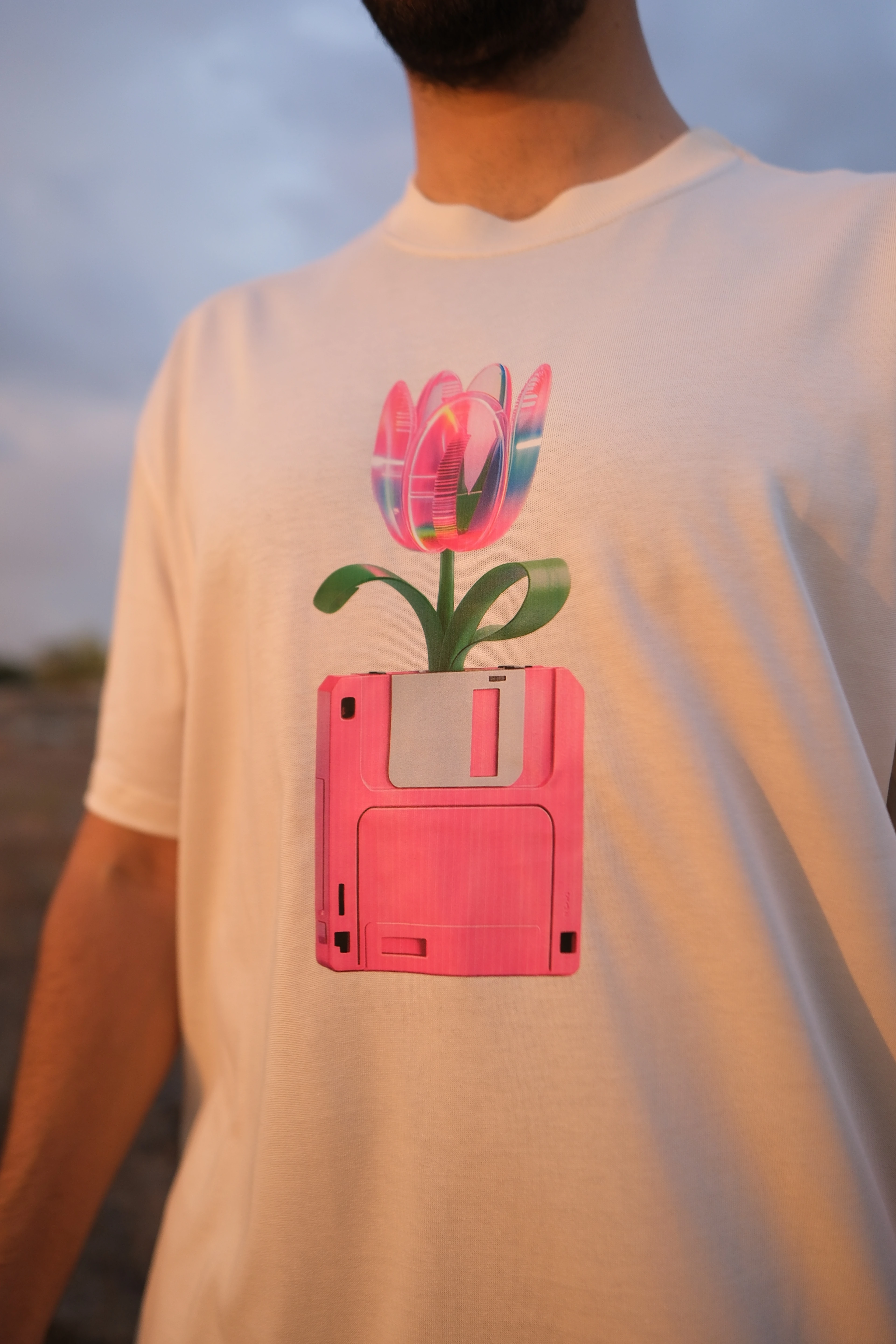 Ekru Oversize Unisex Retro Disket Çiçek Baskılı T-Shirt