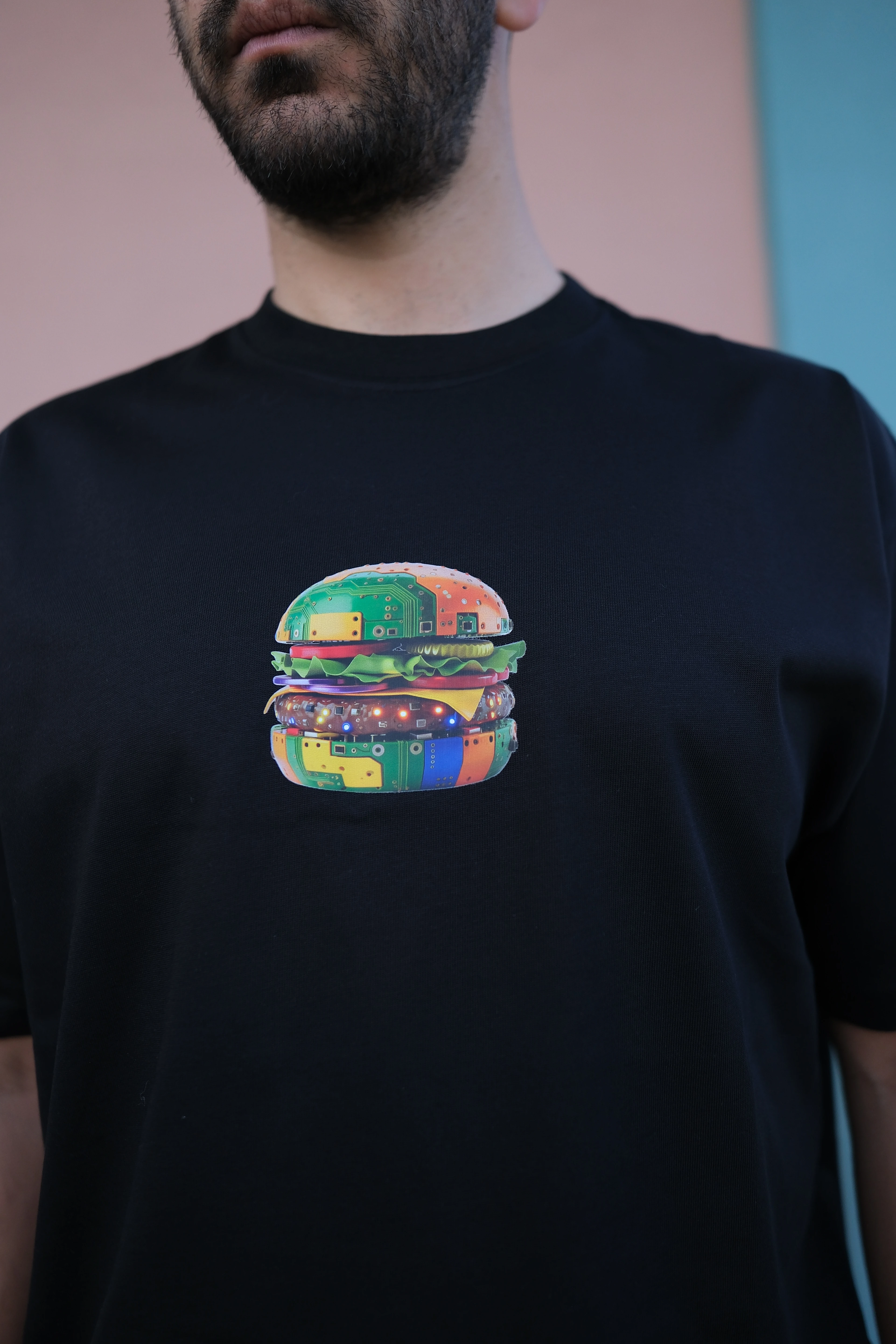 Siyah Oversize Unisex Pop Art Burger Baskılı Tişört
