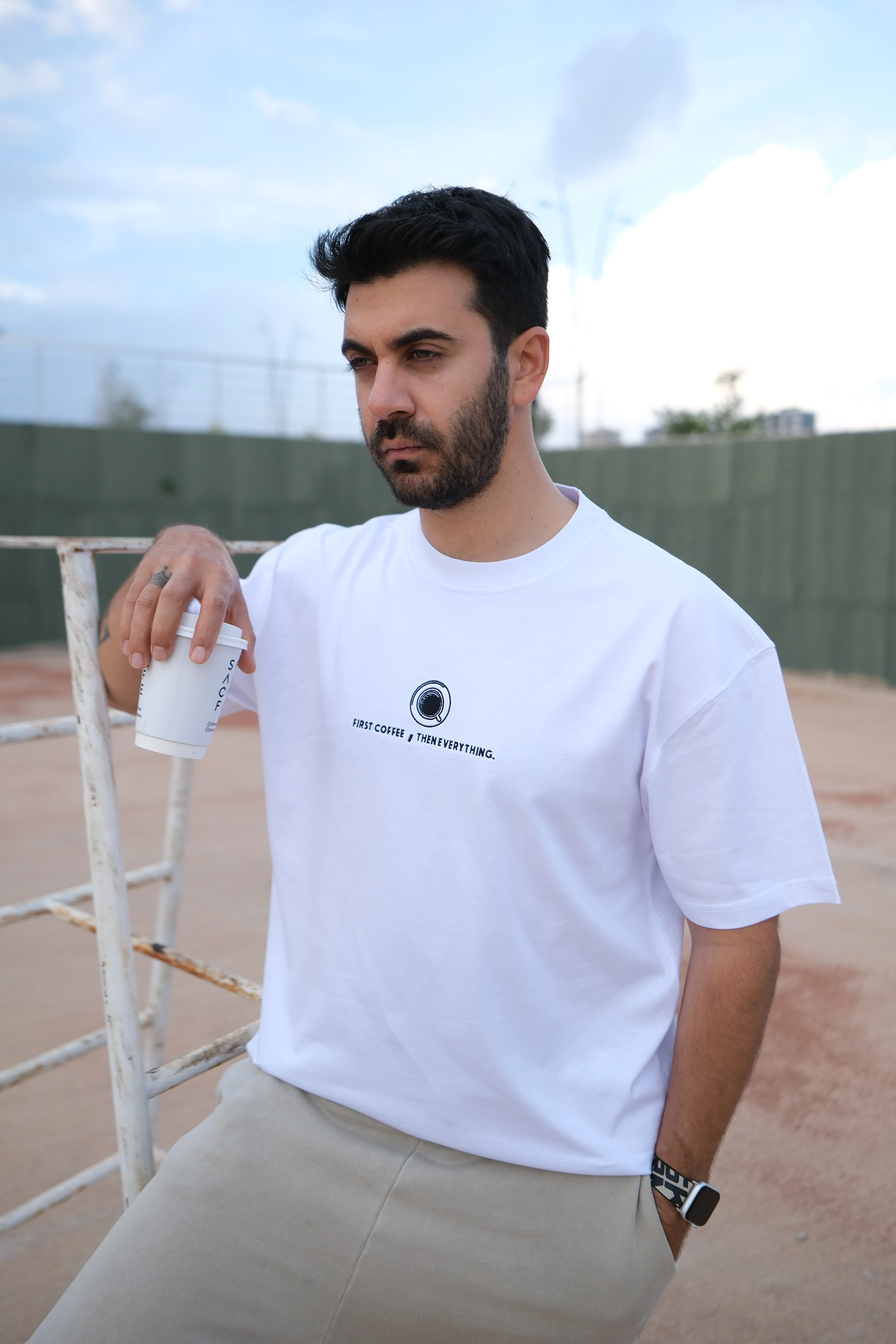Beyaz Oversize Unisex First Coffee Then Everything Nakışlı T-Shirt