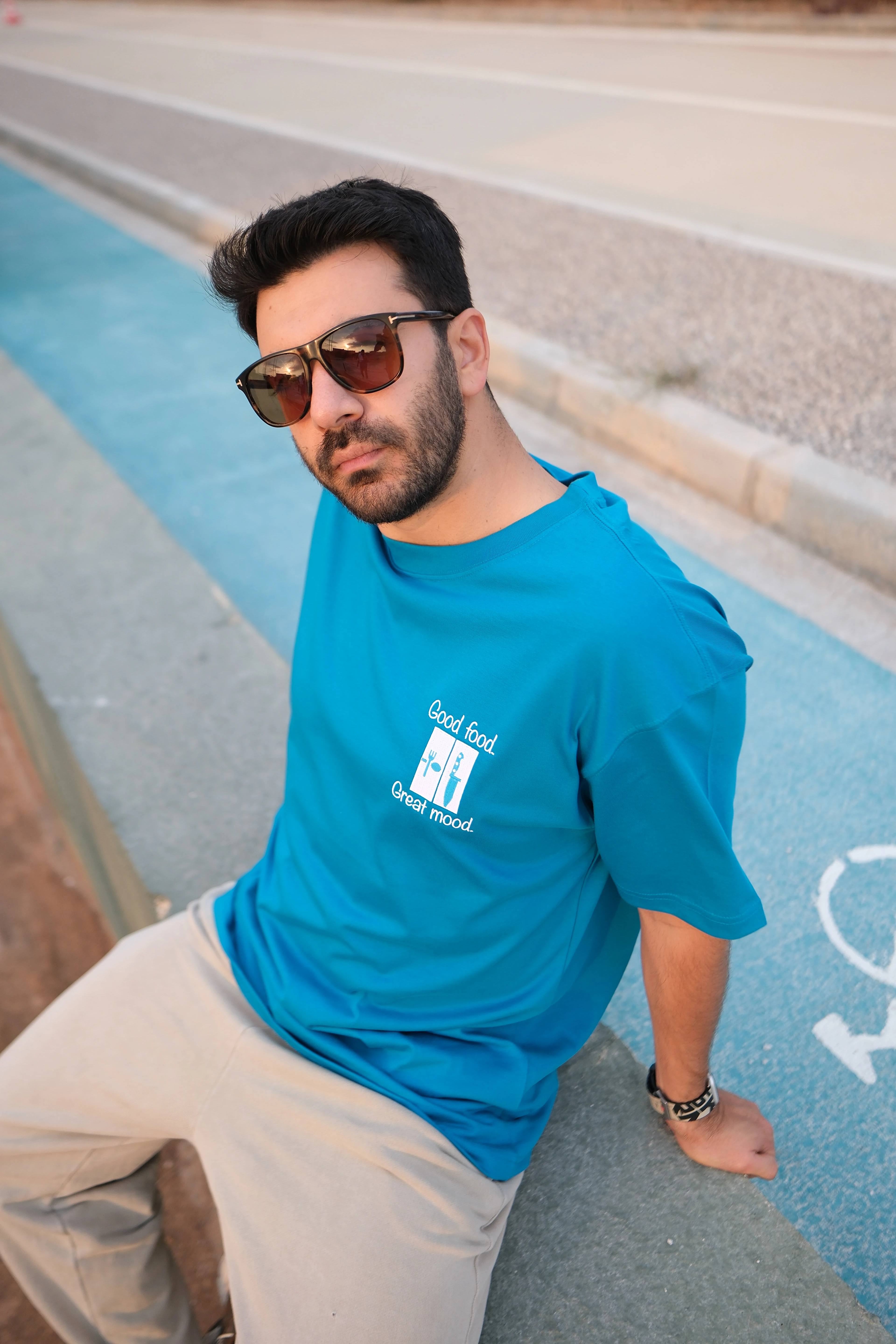 Petrol Mavisi Oversize Unisex Good Food Great Mood Baskılı T-Shirt