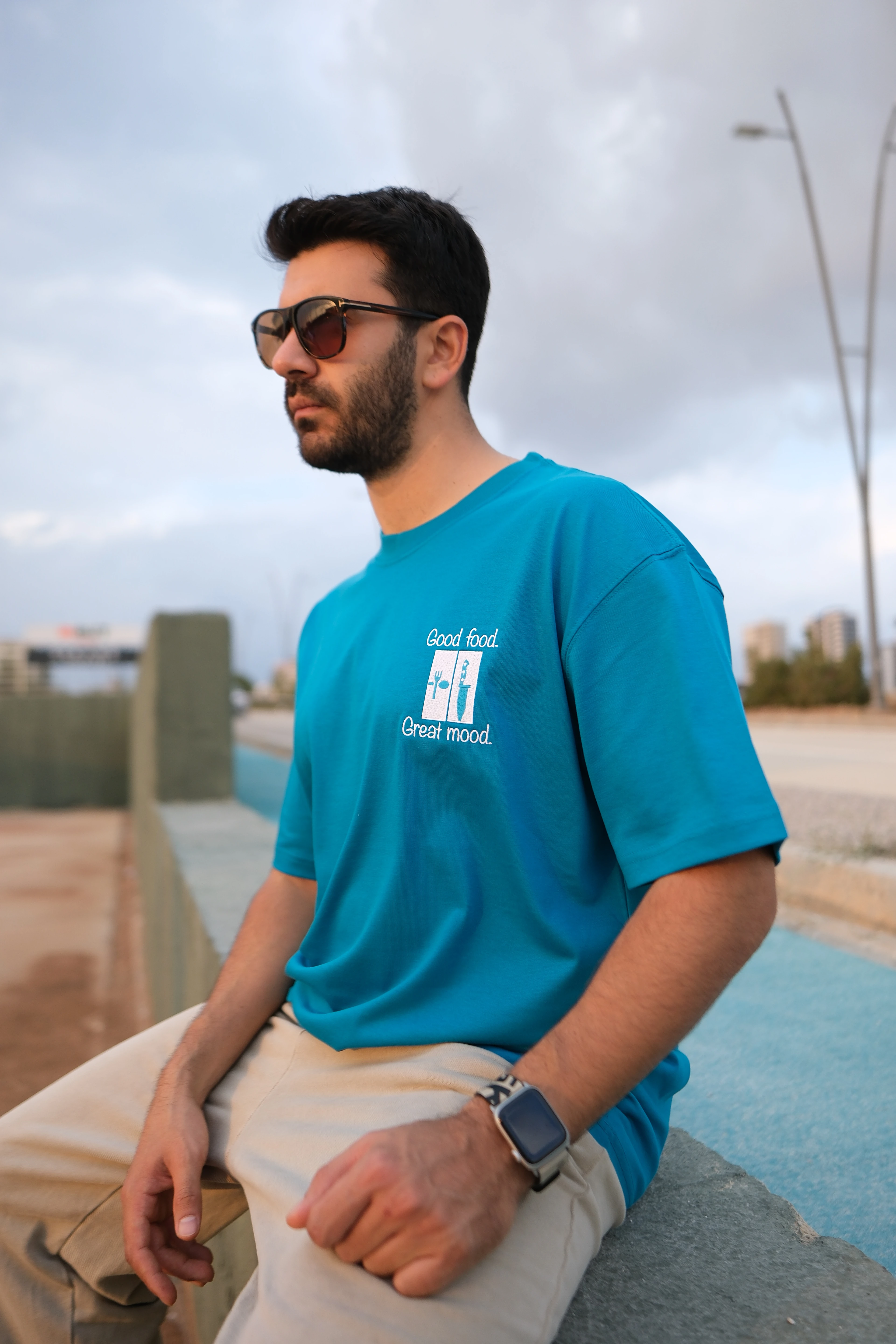 Petrol Mavisi Oversize Unisex Good Food Great Mood Baskılı T-Shirt