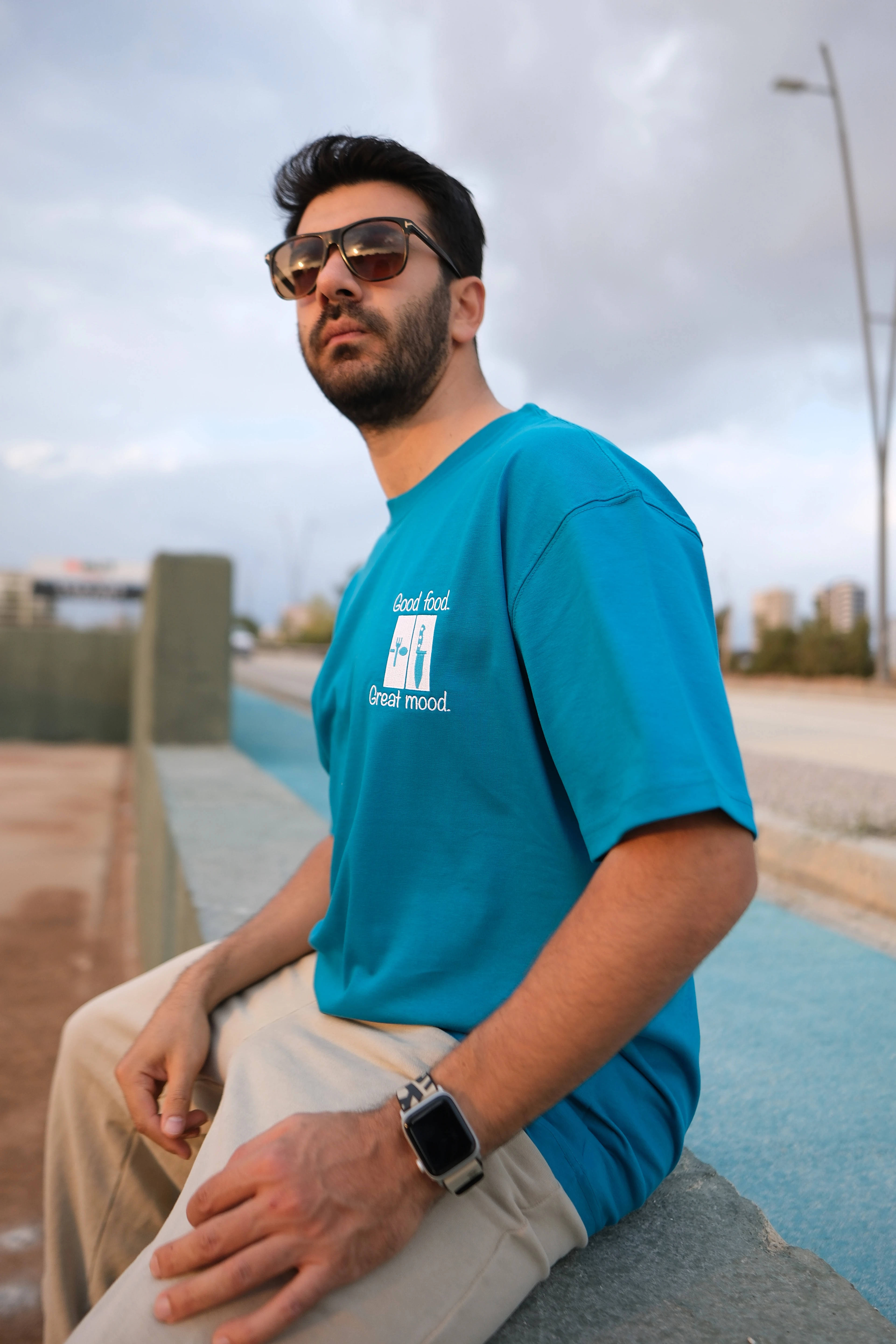 Petrol Mavisi Oversize Unisex Good Food Great Mood Baskılı T-Shirt