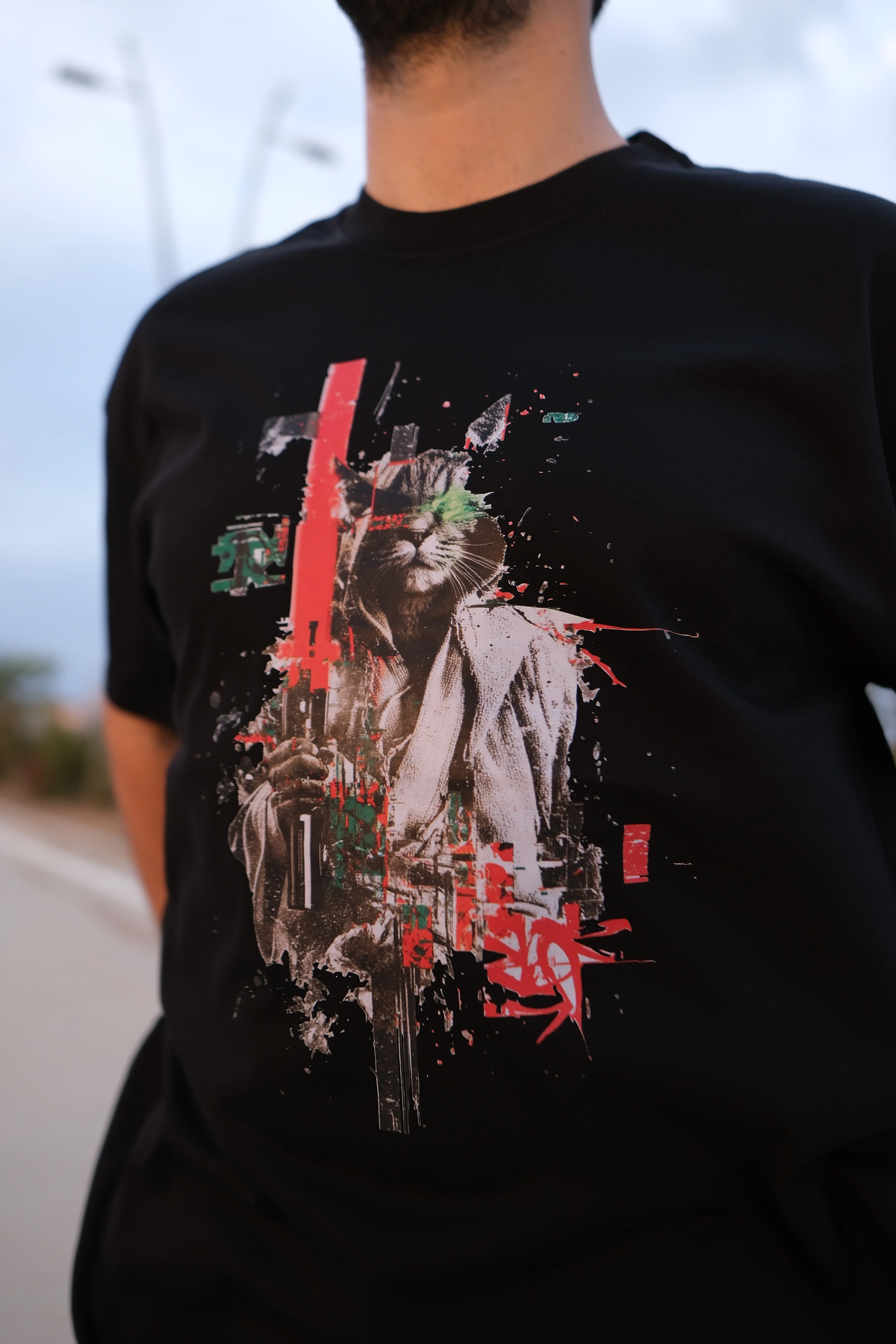 Siyah Oversize Unisex Soyut Kedi Grafik Baskılı T-Shirt