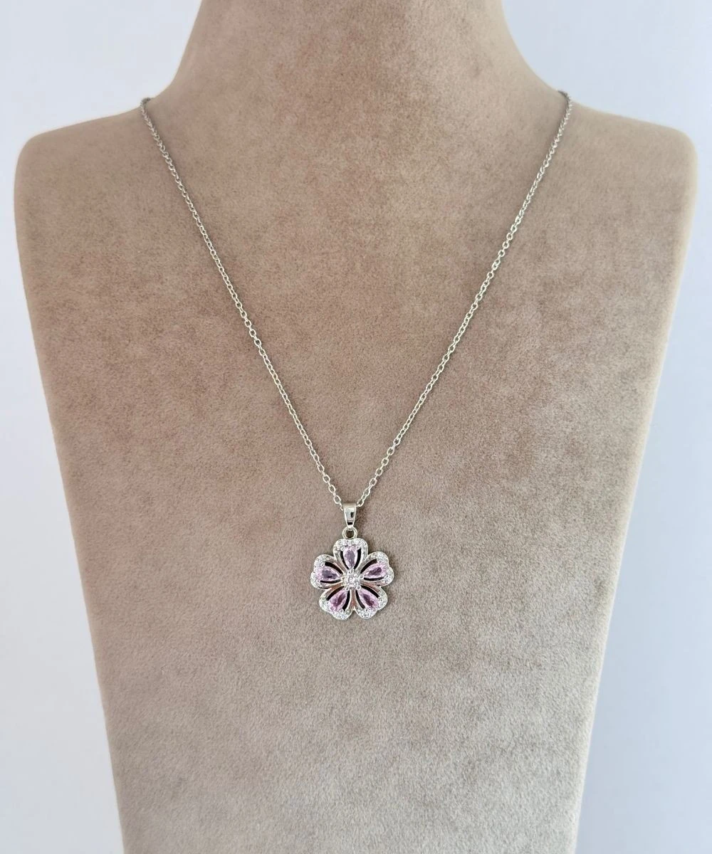 Çelik  Pembe Taşlı Kalp Yonca Kolye