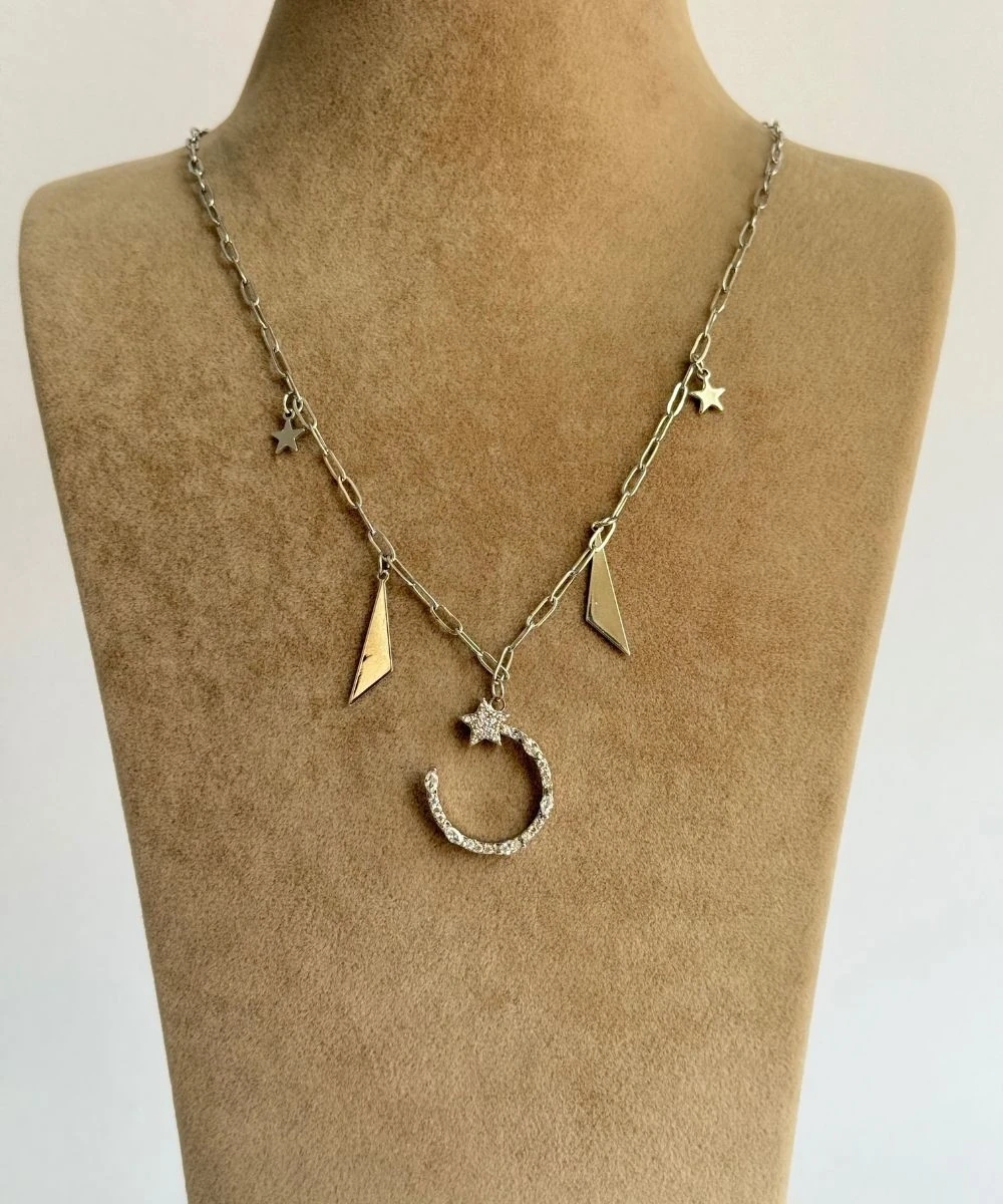 Çelik  Yıldız Taşlı Yarım Daire Silver Kolye