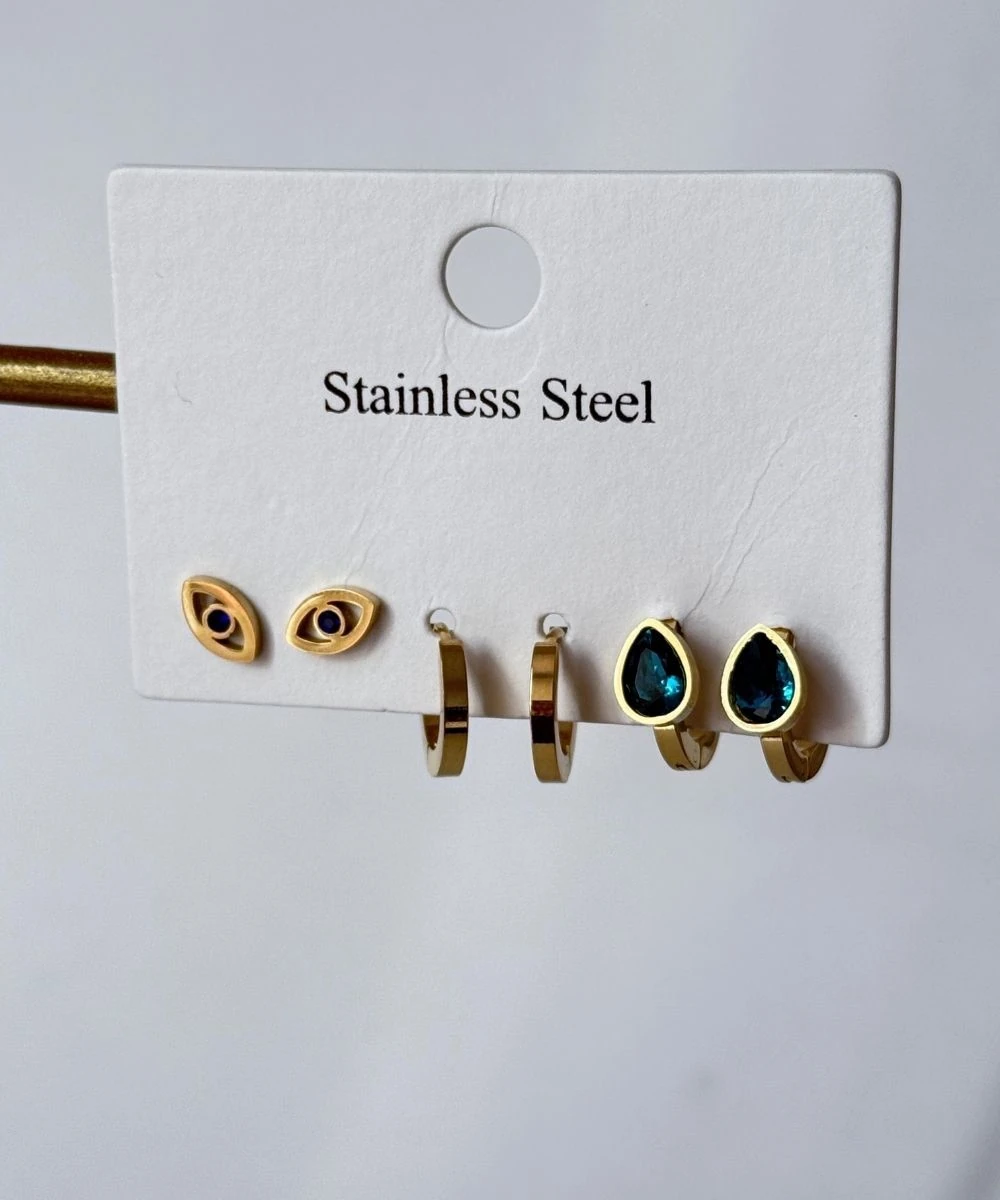 Çelik 6'Lı Mavi Damla Göz Gold Küpe