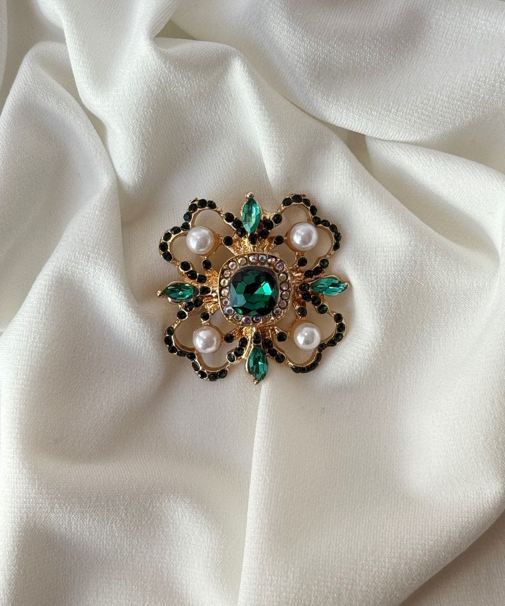 Vıp Yeşil Taşlı Kraliyet Çiçeği Broş