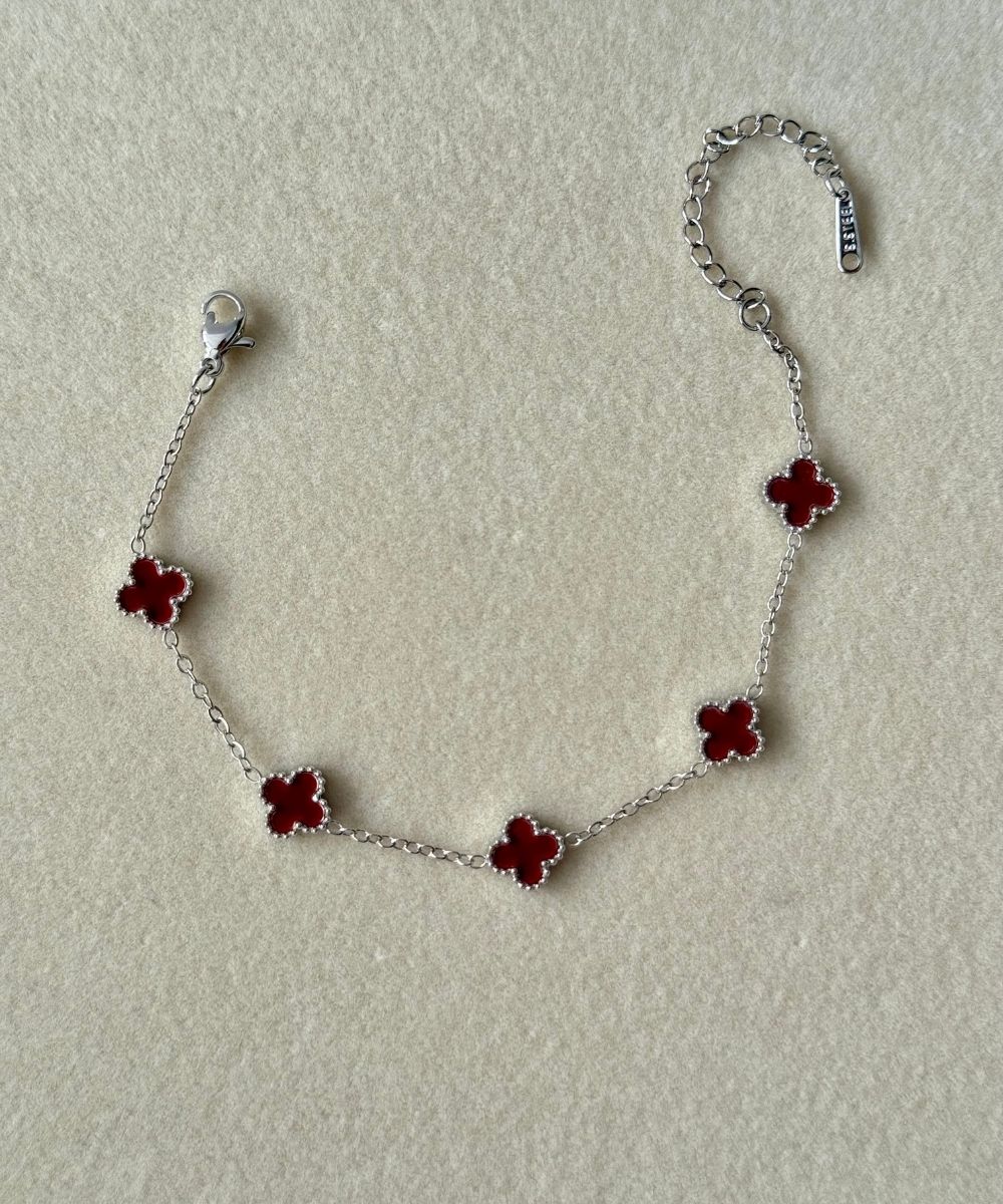 Çelik Mini Yonca Bordo Silver Bileklik