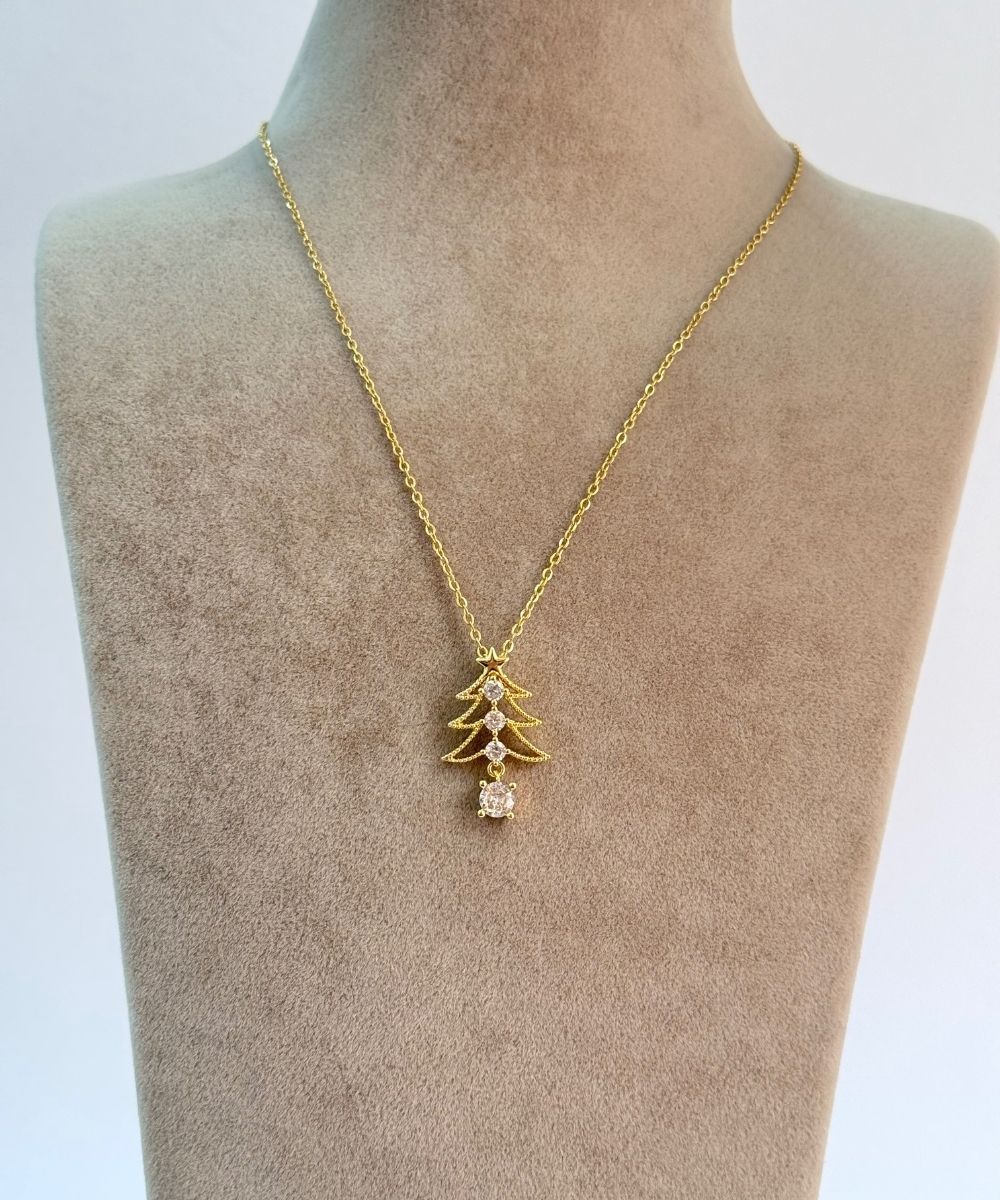 Çelik  Taşlı Çam Ağacı Gold Kolye