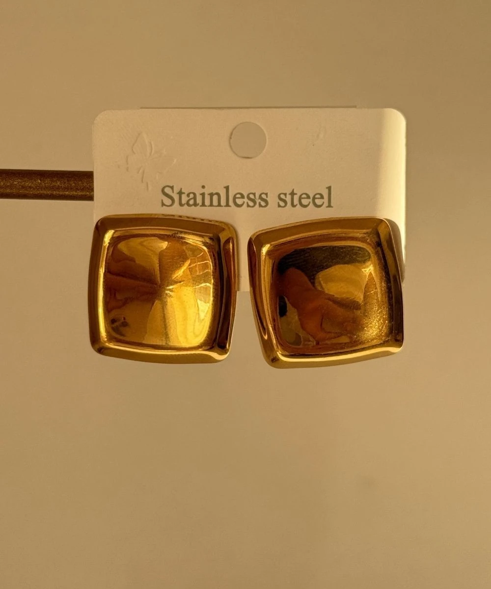 Çelik 2'Li Sade Kare Gold Küpe