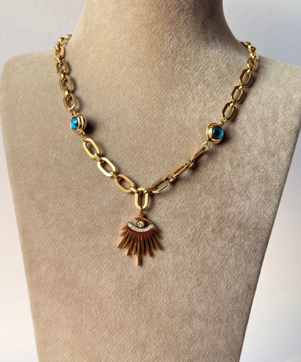 Çelik Mavi Nazarlıklı Taşlı Akan Göz Kolye