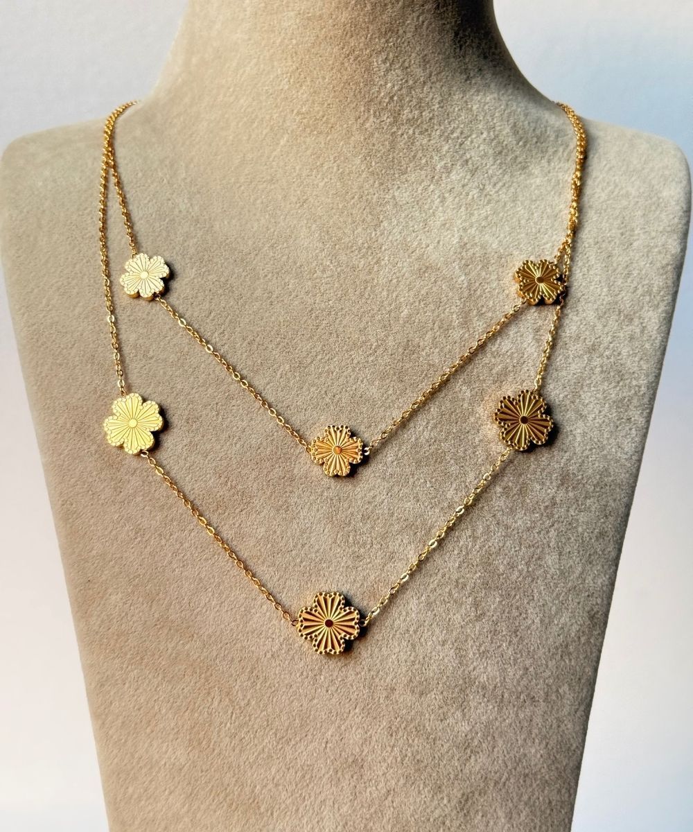 Çelik 2'Li Desenli Yonca Kalp Kolye