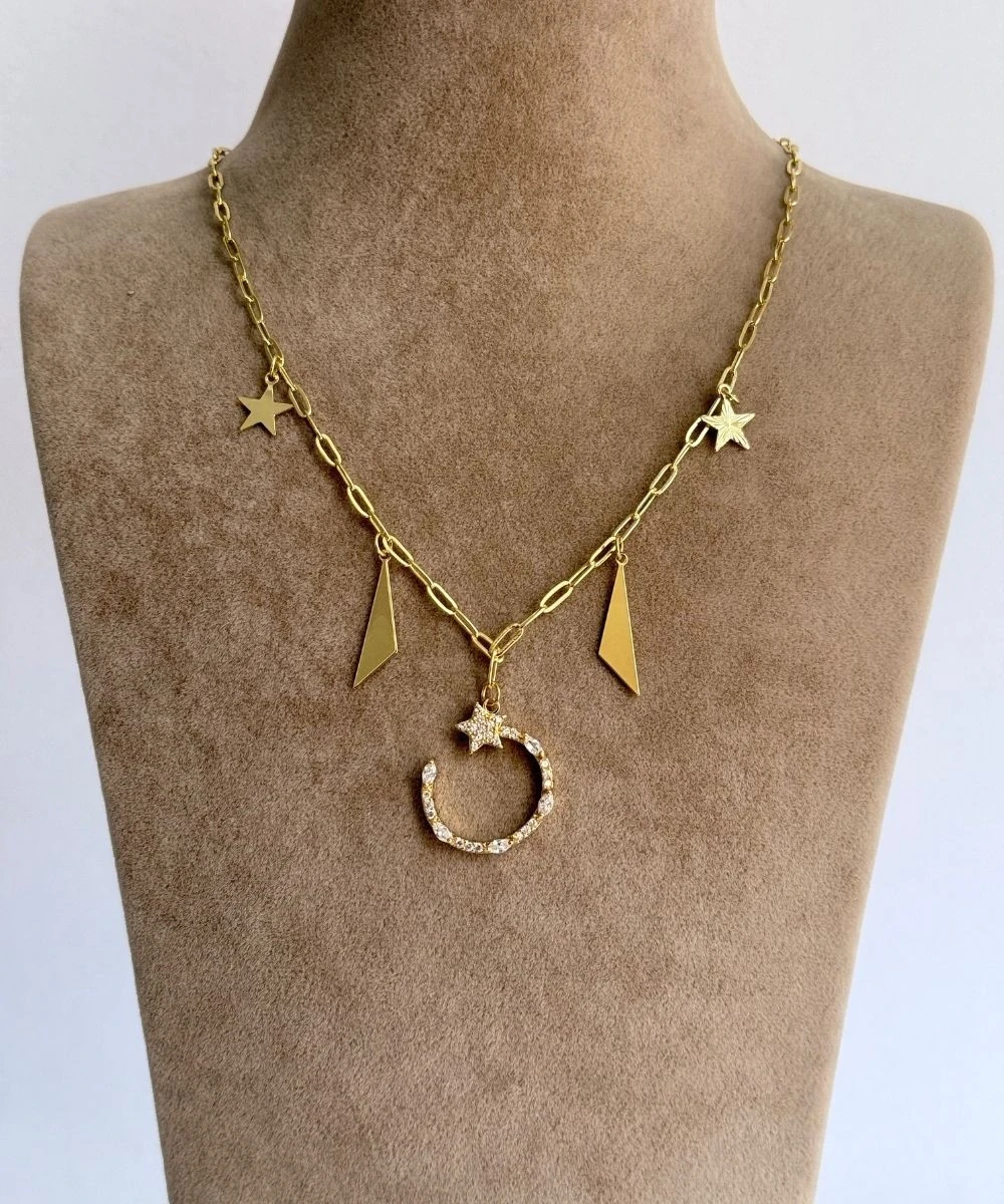 Çelik  Yıldız Taşlı Yarım Daire Kolye