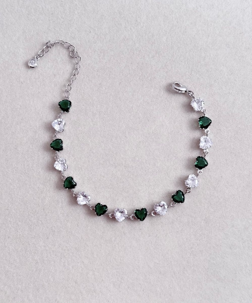 Vip Beyaz Yeşil Minimal Kalp Silver Bileklik