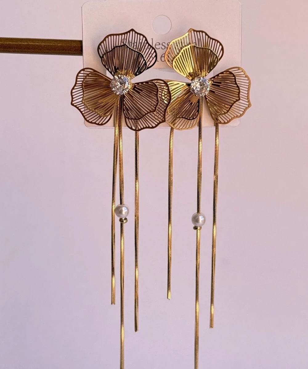 Çelik 2'Li Sallantılı Taşlı Çiçek Küpe