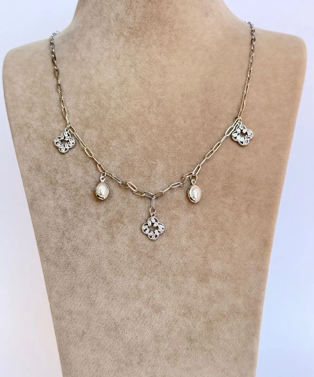 Çelik  İnci Taşlı Yonca Silver Kolye