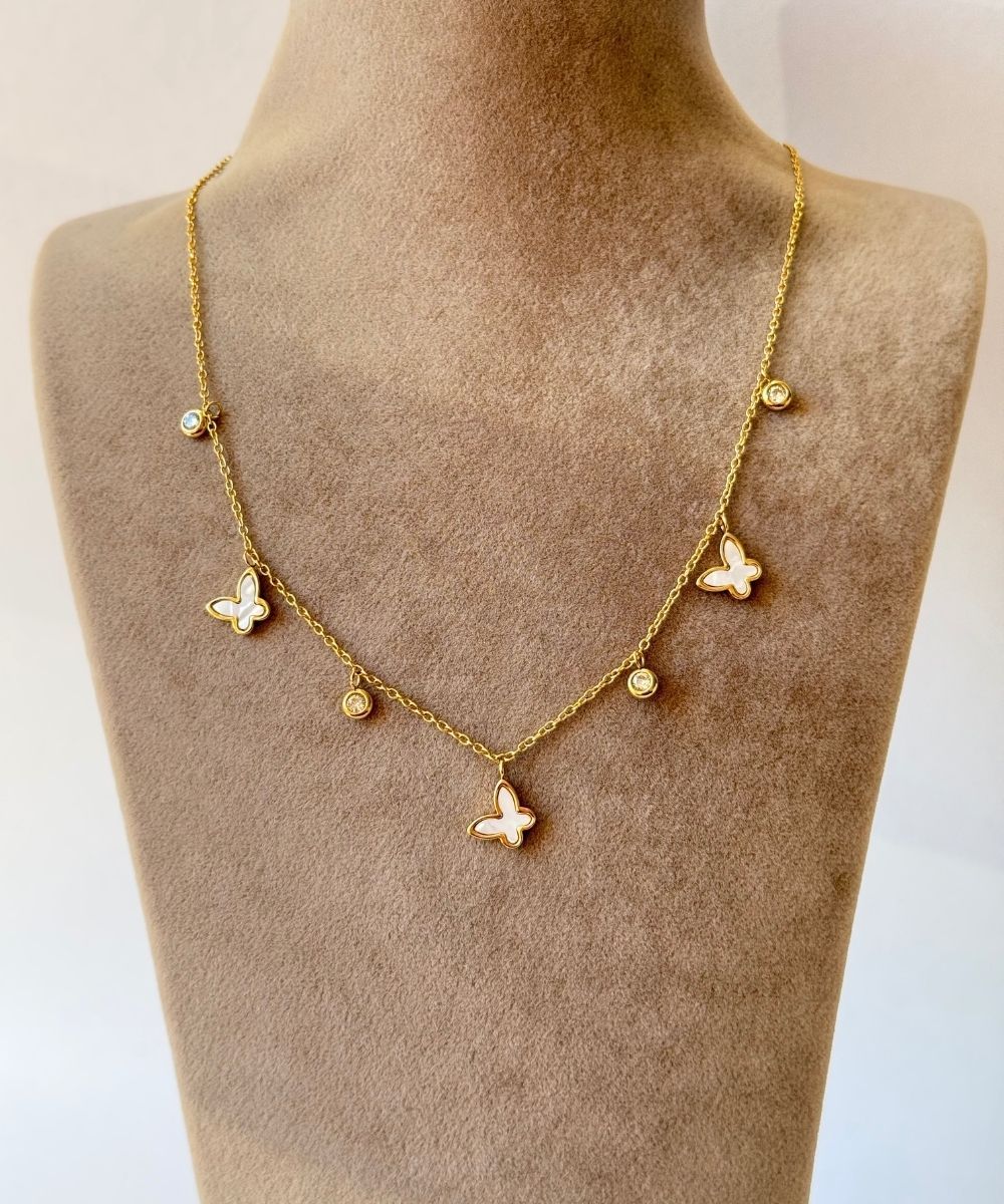 Çelik Sedef Taşlı Minimal Kelebek Kolye