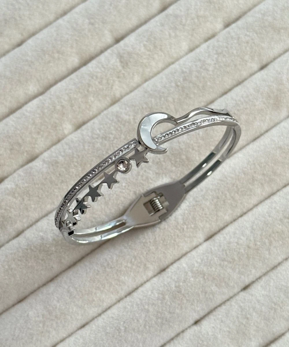 Çelik Beyaz Taşlı Ay Yıldız Silver Kelepçe