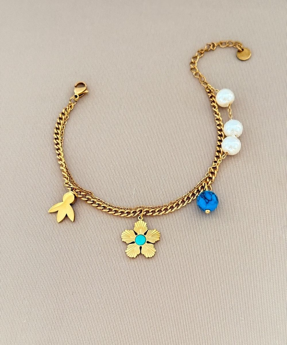 Çelik Mavi Taşlı İncili Papatya Bileklik