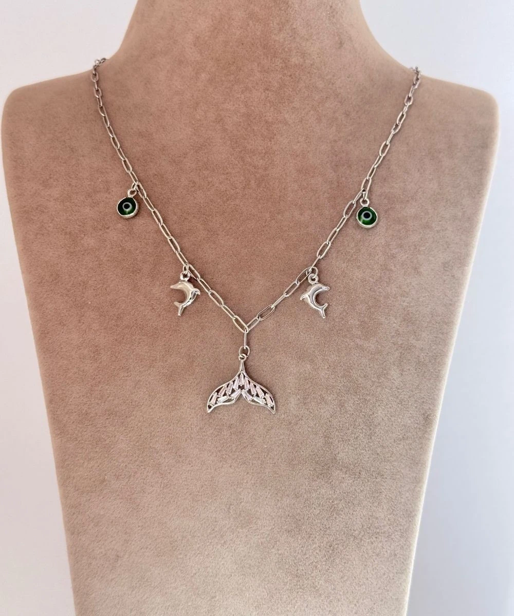 Çelik  Taşlı Yunus Kuyruğu Silver Kolye
