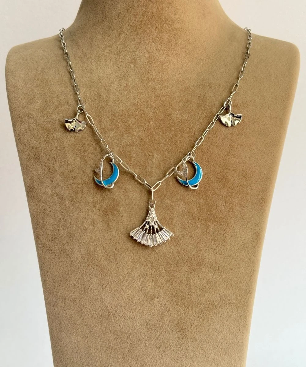 Çelik  Mavi Hilal Taşlı Yelpaze Silver Kolye