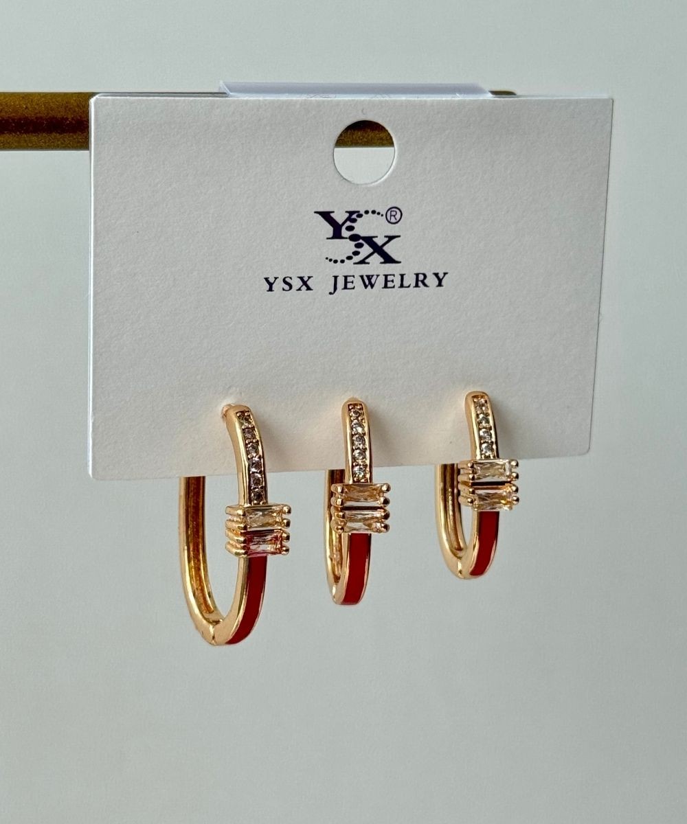 Ysx Kırmızı Taşlı 3'Lü Küpe