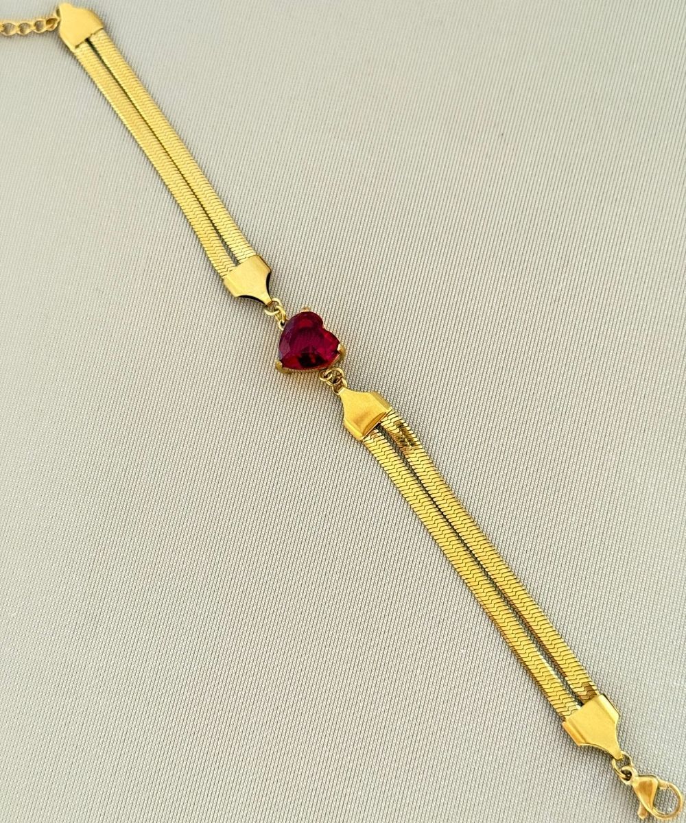 Çelik 2'Li İtalyan Zincirli Kırmızı Kalp Bileklik