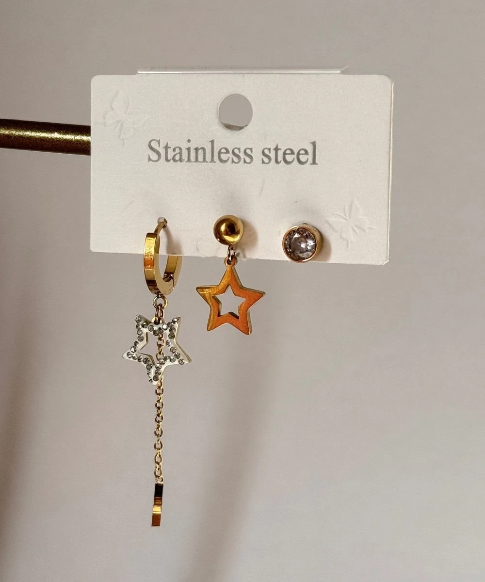 Çelik 3'Lü Sallantılı Taşlı Yıldız Küpe