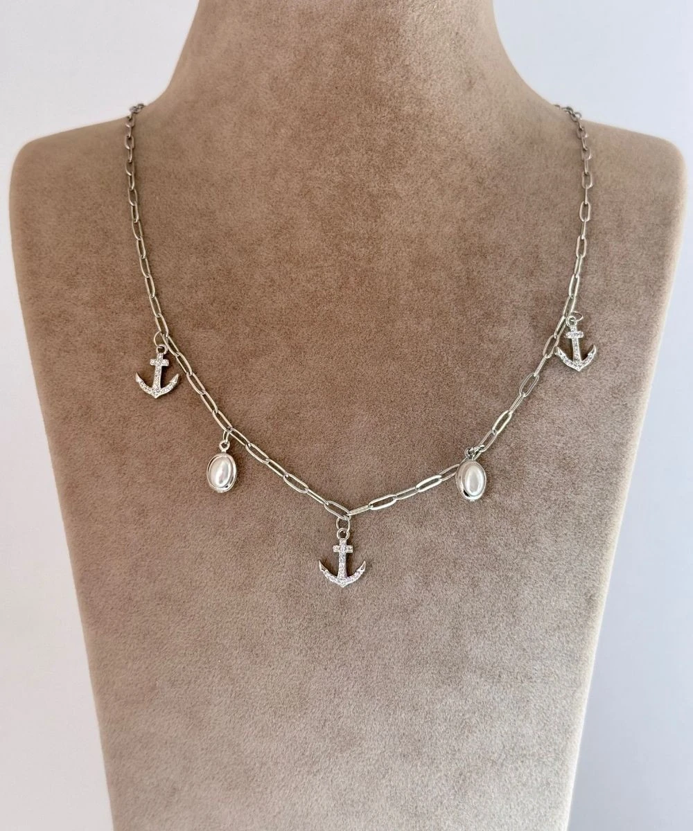 Çelik  İncili Taşlı Çapa Silver Kolye