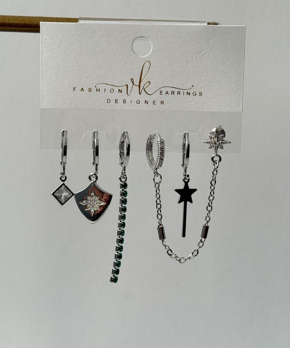 Bijuteri 6'Lı Sallantılı Yıldız Kalkan Silver Küpe