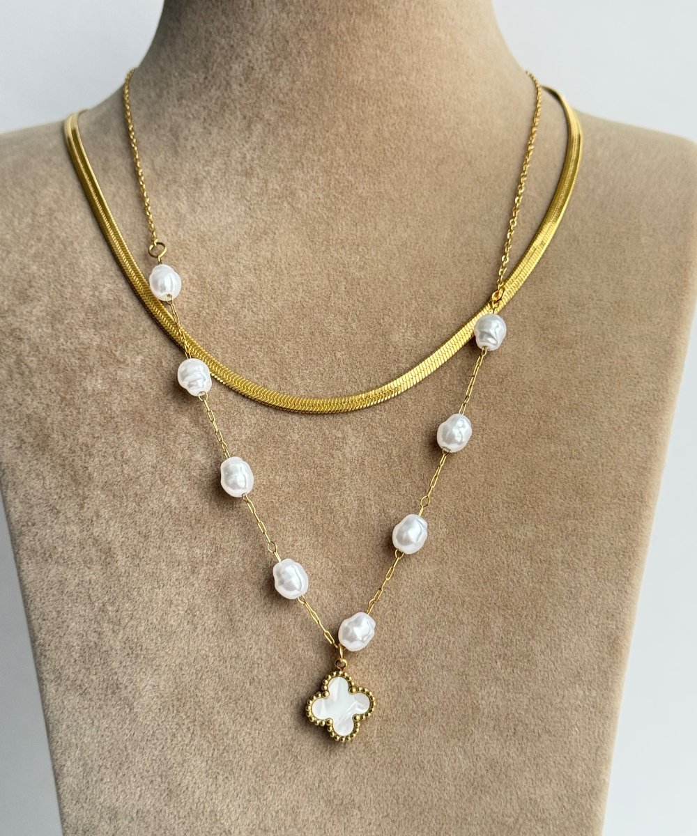 Çelik İtalyan 2'Li İncili Yonca Kolye