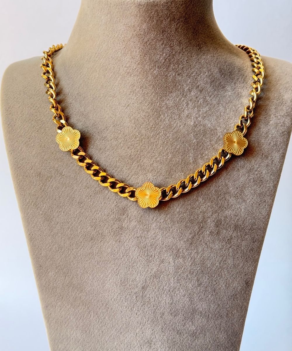 Çelik Kalın Zincirli Sade Sarı Yonca Kolye